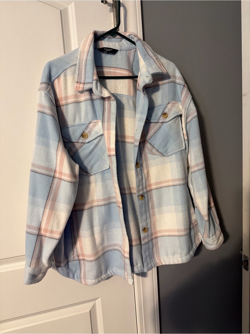 Light Blue & Cream Plaid Button-Front Shacket